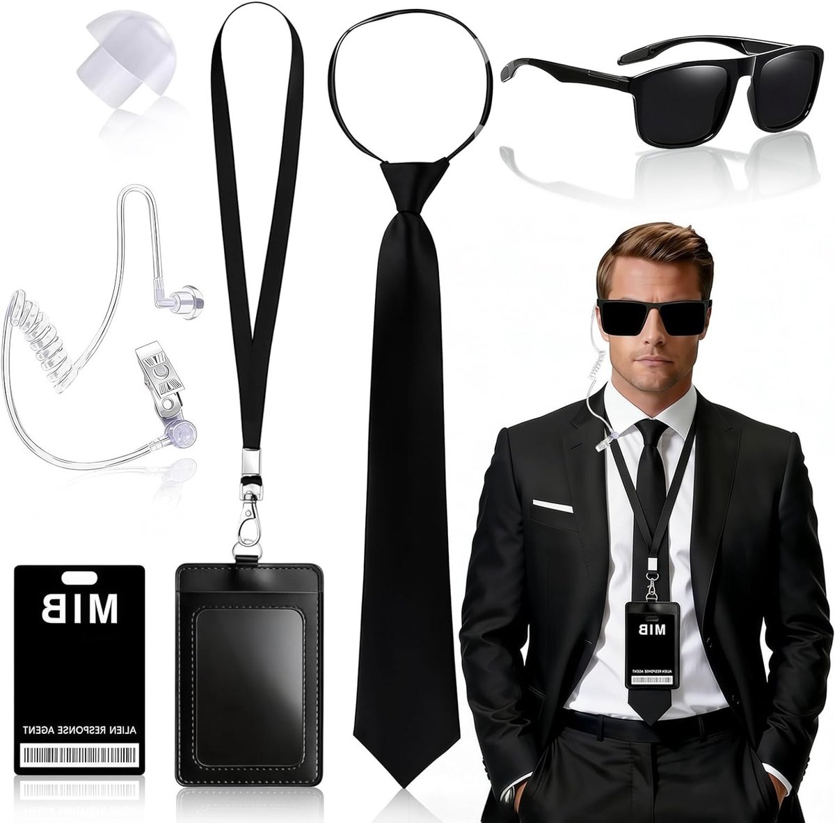Agent kostuum set voor mannen met accessoires zoals strik, zwarte zonnebril, kaarthouder en oortje voor carnaval en Halloween rollenspel