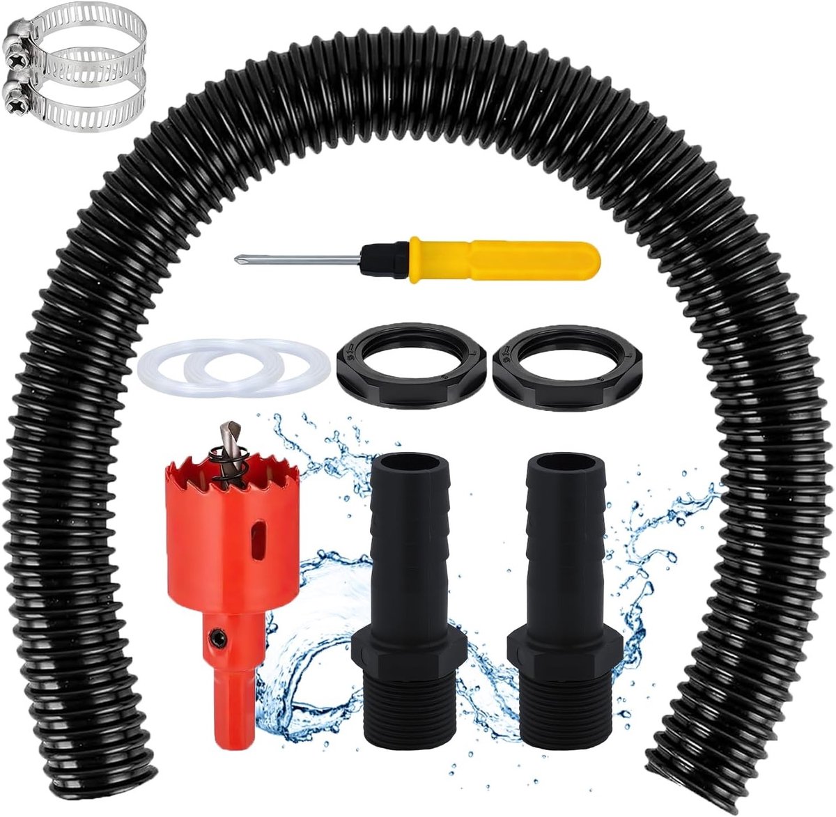 SnelShoppen - Regentonverbindingsset met 1 inch regentondoorvoer, 100 cm verbindingsslang, regenton connector, inclusief slangklemmen, gatopener en sc