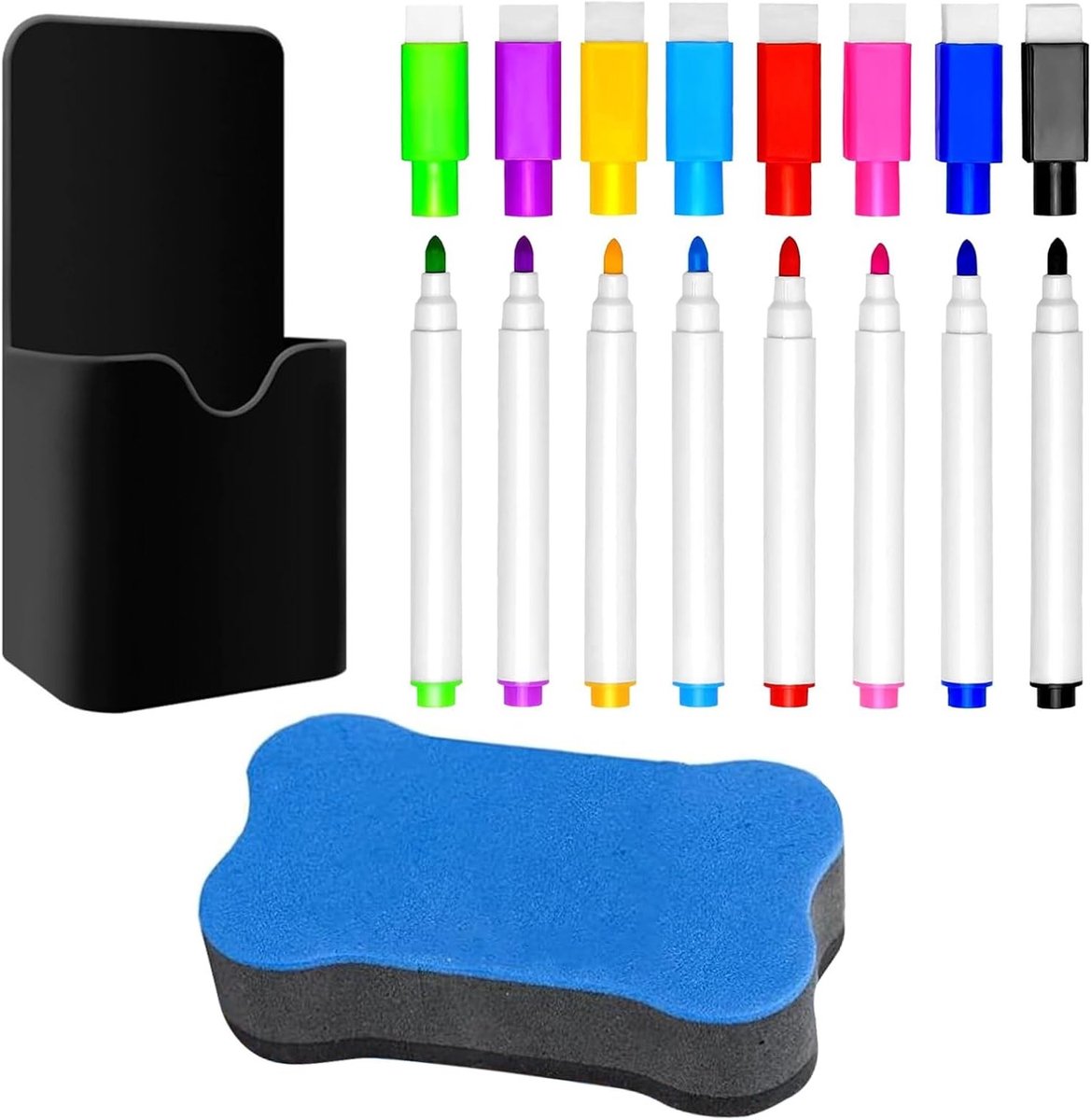 Kleurige drooguitwisbare stiften set van 8 met wisser en magnetische houder voor school, kantoor en creatief gebruik