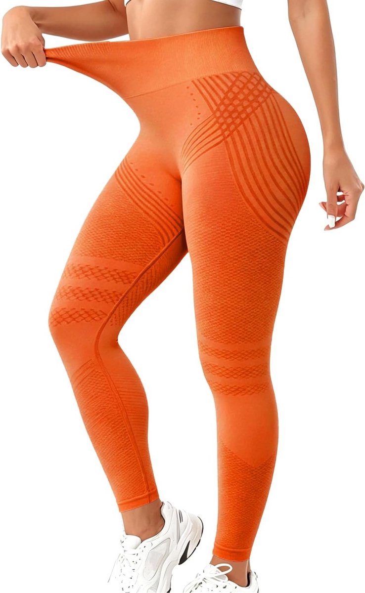 Lange sportleggings voor dames met hoge taille, ondoorzichtig en compressie, ideaal voor yoga en pilates, anti-cellulitis en push-up effect (oranje, M)