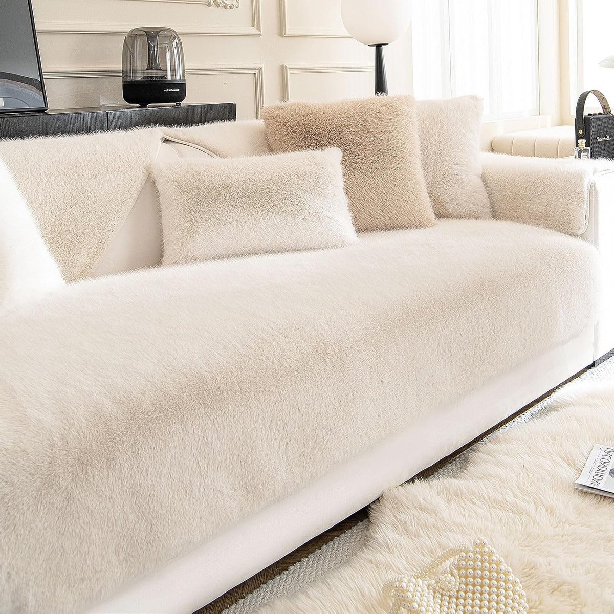 Zachte Velours Sofahoes voor 1 tot 4 Zits, Antislip en Bescherming tegen Huisdieren en Kinderen (Beige, 28"x70")