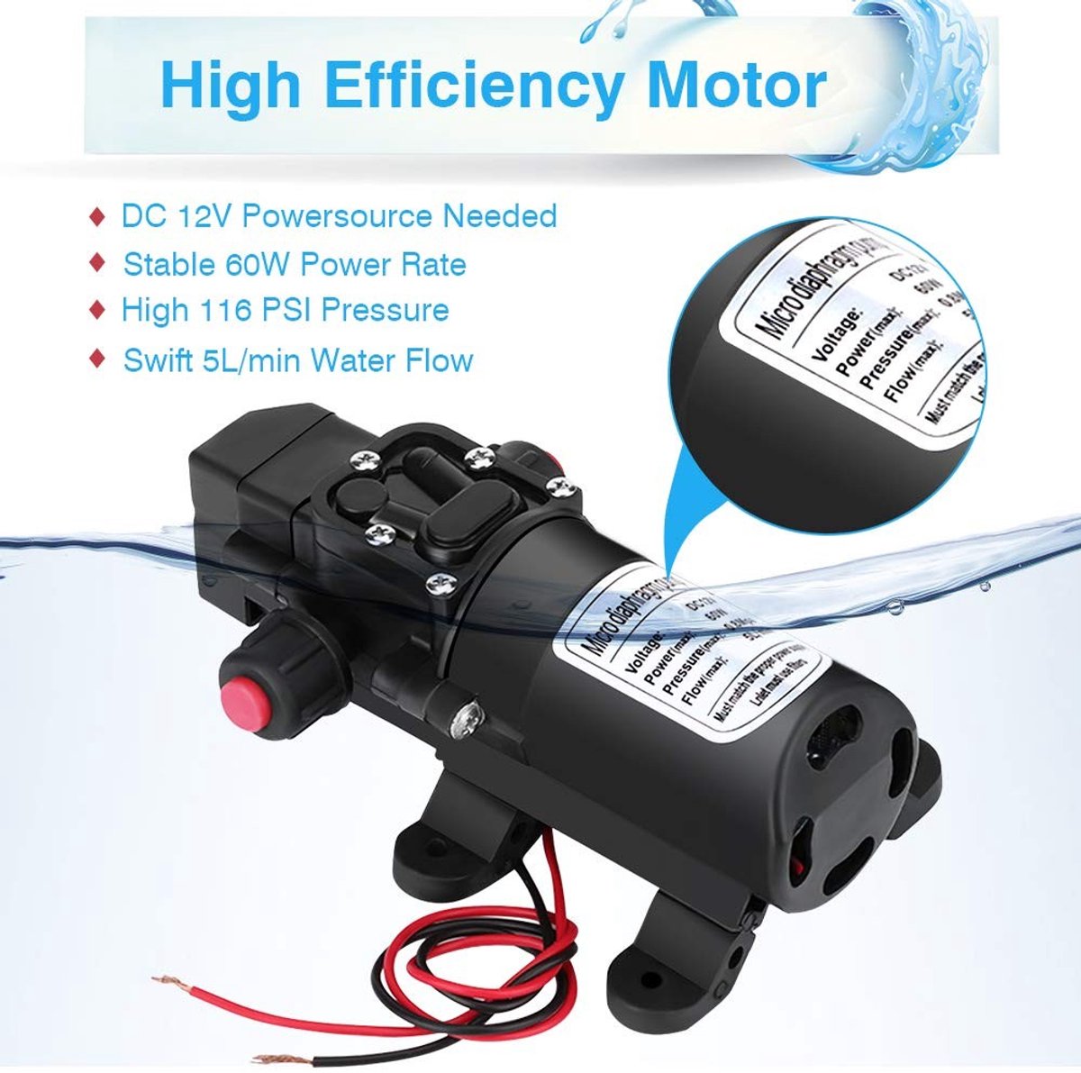 Dailygoody - Zelfaanzuigende waterpomp - 12V hogedrukpomp - Efficiënt en betrouwbaar - Zwart - 5L/min waterafvoer - Ideaal voor tuin en camper thumbnail 5