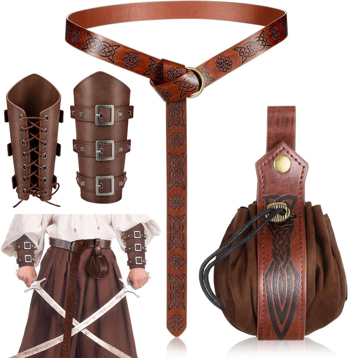 Middeleeuwse Halloween Kostuum Accessoires Set met Leren Armbanden, Gekleed Riem en Geëmbosseerde Heuptas voor Ridders en Renaissance Feesten