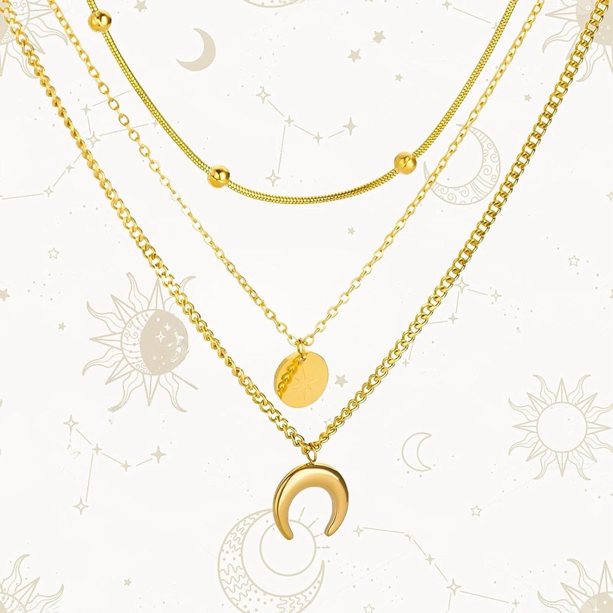Bohemian Multi-Layer Ketting voor Dames, Gouden en Zilveren Halssieraad met Maanfase Ontwerp, Trendy en Eenvoudig Accessoire voor Elke Gelegenheid