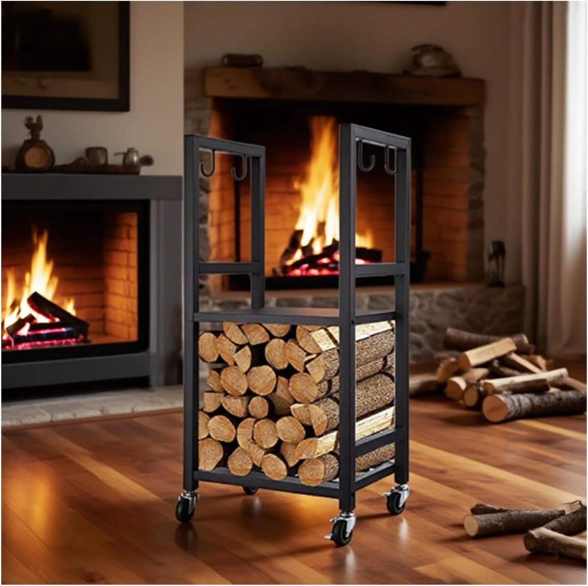 Houtrek op wielen - Houtopslag Brandhouthouder - Haardhout Opbergen - Dubbellaags met haken - 40x30x80 cm - Zwart