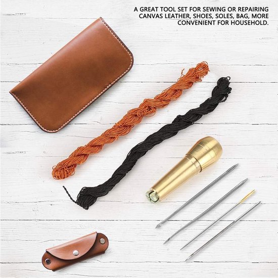 Naai Priem Kit - Reparatieset Leer - Schoenen Repareren - Verwisselbare naalden - 18m Draad - Zwart Bruin — afbeelding 2