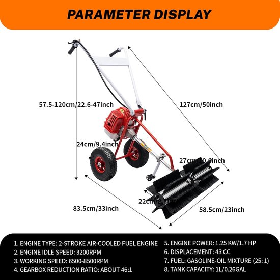 Benzine Veegmachine - Straatbezem Bladblazer - Opritten Reinigen - Krachtige Nylon Borstelkop - 60 cm Werkbreedte - Rood Zwart — afbeelding 3