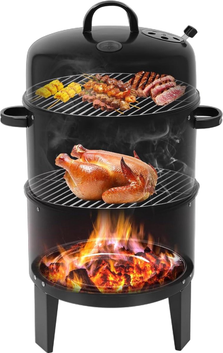 Rookoven 3-in-1 - Smoker Grill - Buiten Koken - Met Thermometer - 40cm Diameter - Zwart