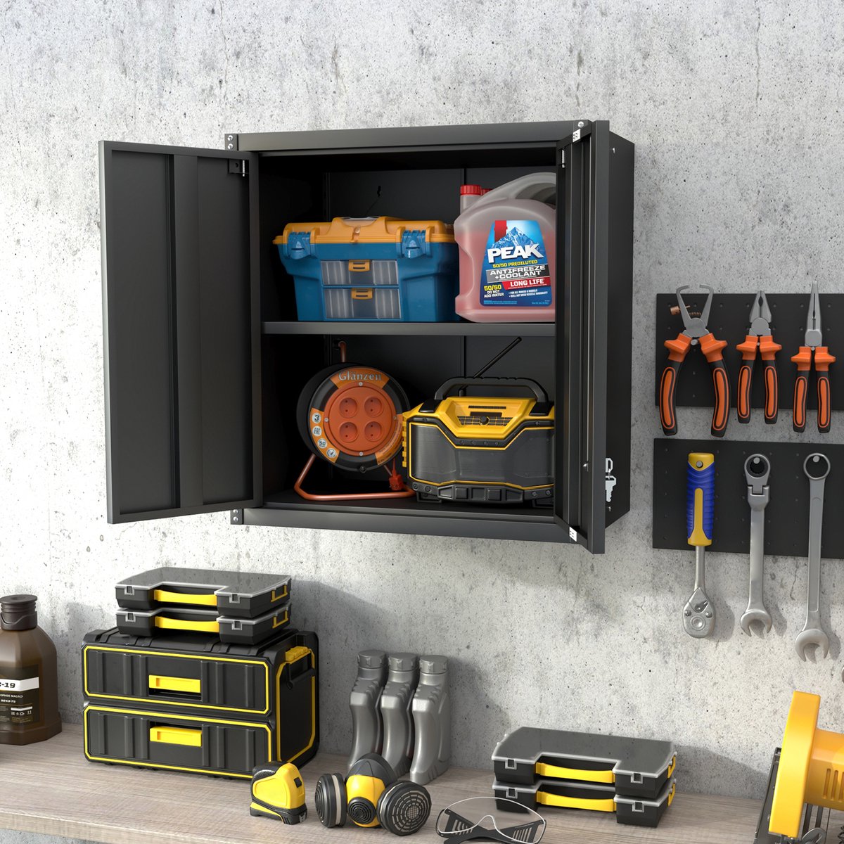 Metalen Opbergkast - zwart - 2 deuren met slot - verstelbare planken - wandmontage
