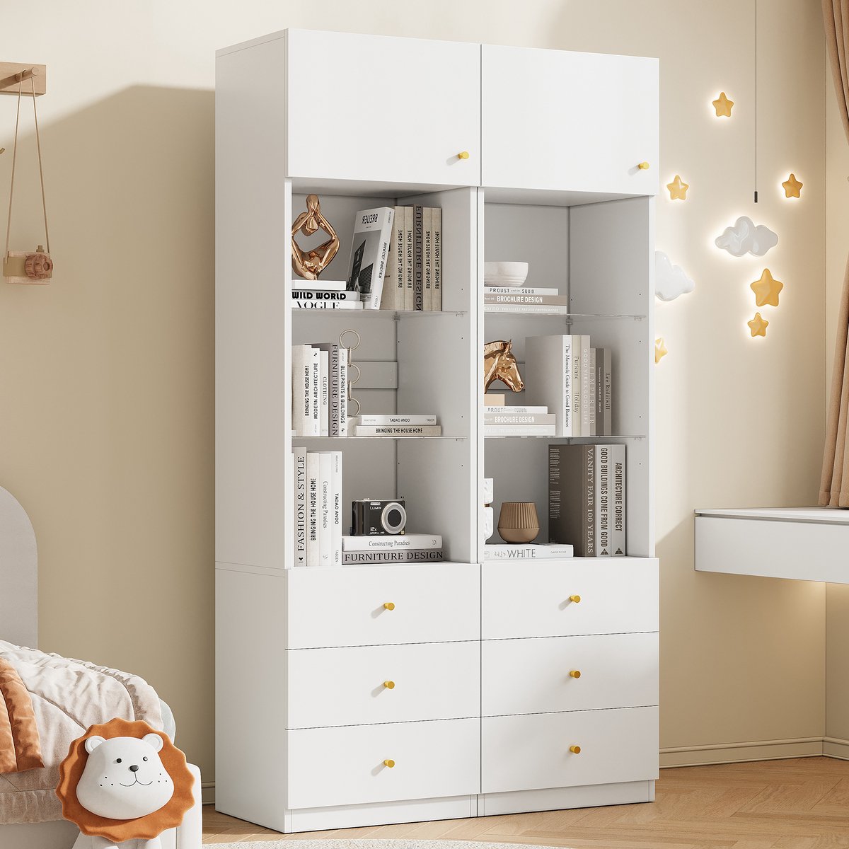 Vitrinekast - 100x40x180 cm wit - 2-delig - verstelbare glasplanken - 3 laden - Scandinavisch design