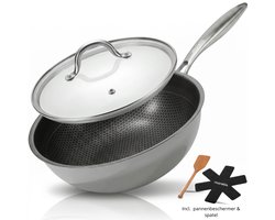 Morelia® Hybrid Wokpan incl Deksel 30 cm - Inductie en Gas - PFAS Vrij - Keramische Anti aanbaklaag - Oven en Vaatwasserbestendig - Zwart