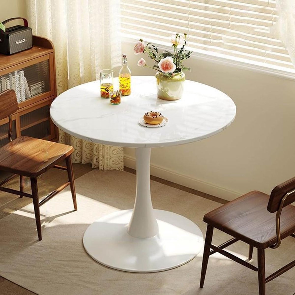 Ronde salontafel - Eettafel bijzettafel - Kleine ruimtes - Modern tulp design - Ruimtebesparend - Beige