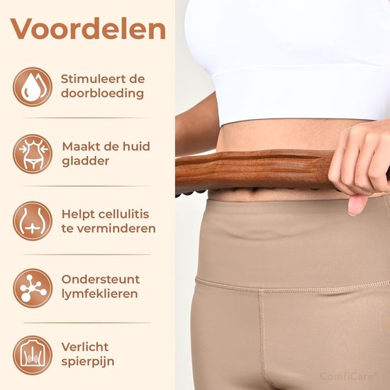 Een vrouw gebruikt een houten roller op haar taille. Iconen en tekst tonen voordelen: stimuleert doorbloeding, maakt huid gladder, vermindert cellulite, ondersteunt lymfeklieren, verlicht spierpijn.