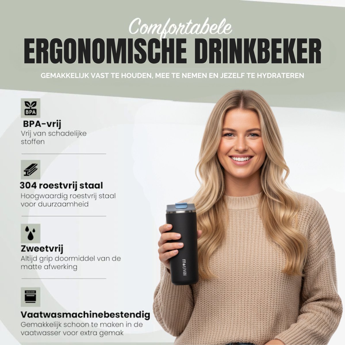 Motivai Daily Cup – Thermosbeker To Go – 470ML RVS Thermosmok – Lekvrij – Dubbelwandig Geïsoleerd – BPA-vrij & Duurzaam – Koffiebeker voor Onderweg – Zwart — cadeau in Koken & Dineren - foto 2