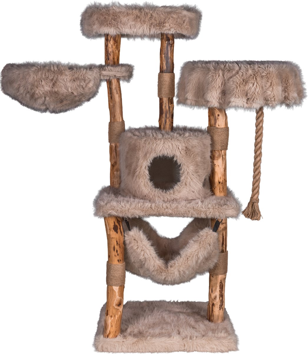 Zoodis krabpaal Tove 153 met Hangmat en Kattenhuis | Grote Design Krabboom voor Katten | Perenhout | Sisal Krabpalen | Beige