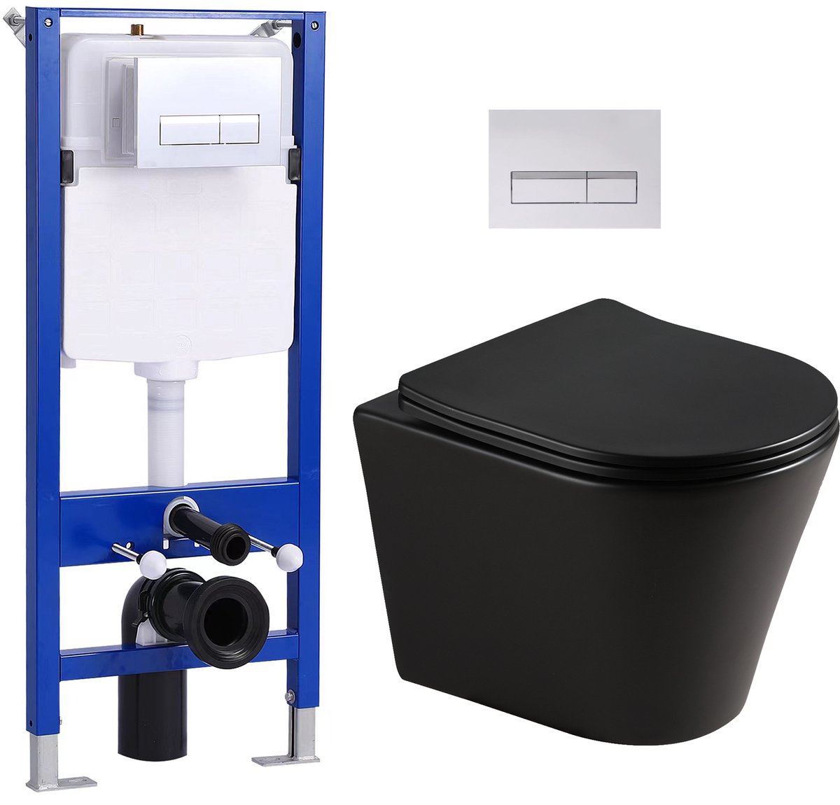 HOROW Toiletset - Zwart Hangtoilet met Softclose Zitting incl. UF-Deksel - Diepspoel - incl. inbouwreservoir