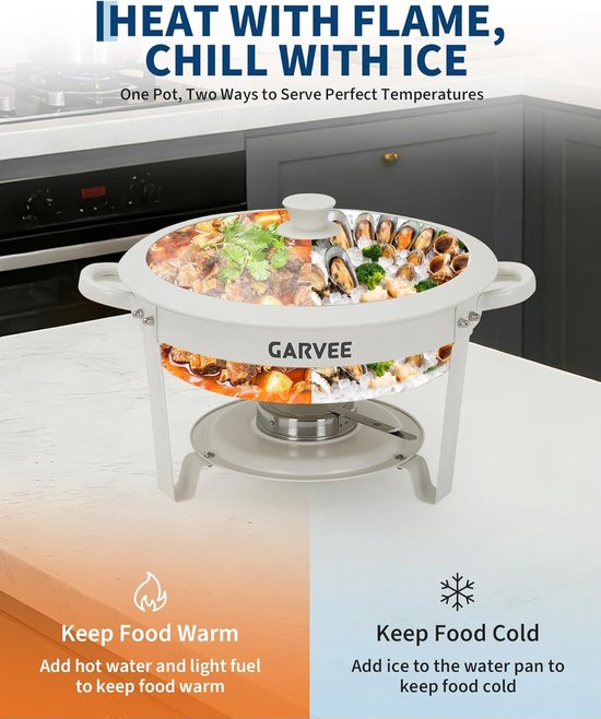 Chafing Dish Set van 6 - 4.7 Liter (5QT) - Ronde Buffet Warmhouders met Glazen Deksel - Wit met Maifaniet Coating - Non-Stick & RVS - Horeca & Catering — afbeelding 3