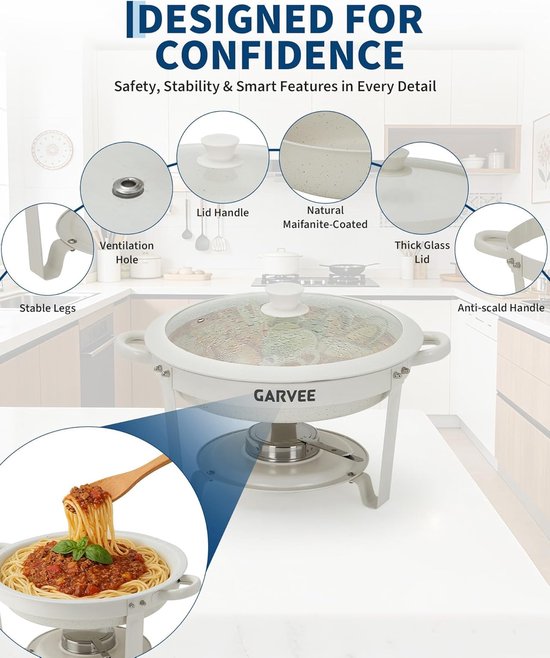 Chafing Dish Set van 6 - 4.7 Liter (5QT) - Ronde Buffet Warmhouders met Glazen Deksel - Wit met Maifaniet Coating - Non-Stick & RVS - Horeca & Catering — afbeelding 2