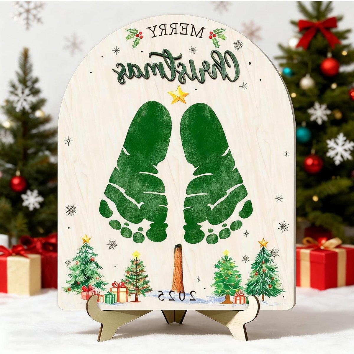 Baby Voetafdrukset voor Kerstmis - DIY Eerste Feestdag Mijlpaal Voetafdruk Houten Bord voor Pasgeborenen en Herinneringen