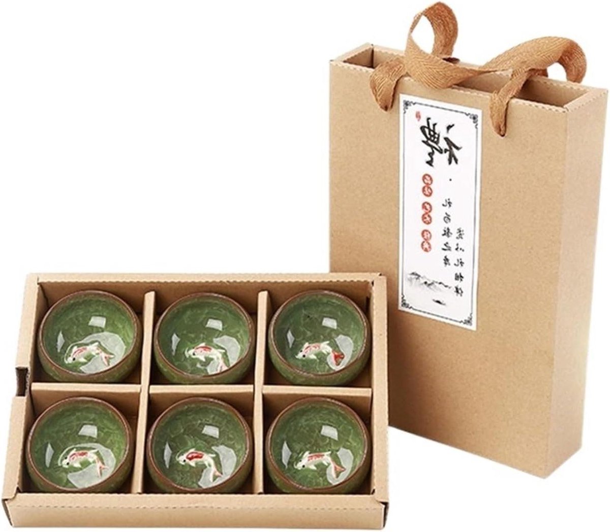 Theekopjes Set - Kung Fu Theeset - Thee Ceremonie - 3D Gouden Vis - 35 ml - Crackle Glaze