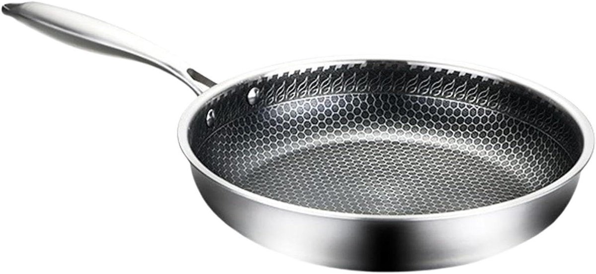 Koekenpan Antiaanbaklaag - Koekenpan RVS - Koken en Braden - Krasbestendige Buitenkant - 28 cm - Zilver