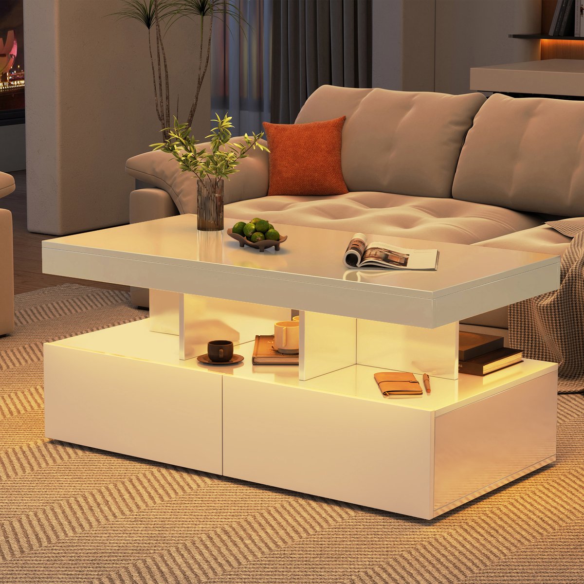 ROSAHQNDA Salontafel - Met LED-verlichting en 2 lades - Bijzettafel voor de woonkamer - 104 x 53 x 46 cm - Wit