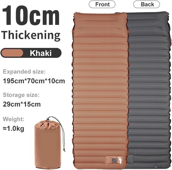 Slaapmat - Luchtbed Kampeer - Kamperen en Reizen - Zelfopblazend en Vochtbestendig - 10 cm dik - Kaki — afbeelding 2