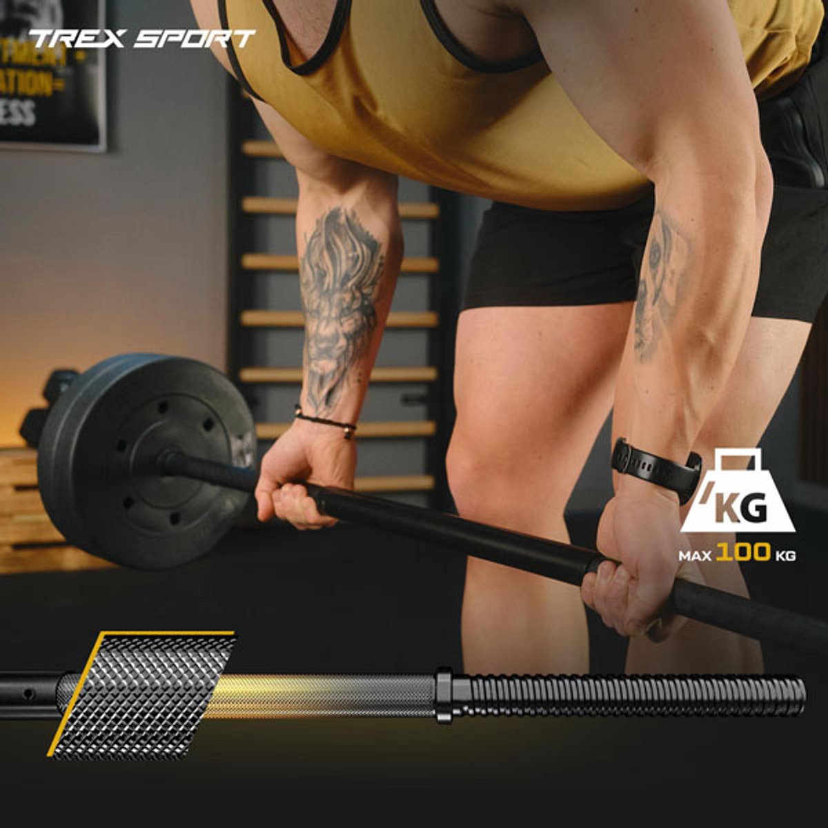 Trex Sport TX-055SG – Krachttraining Set – Fitness Set XXL – Rechte Stang 180 cm – Inclusief 55 kg Bitumen Schijven – Ø 25 mm thumbnail 6