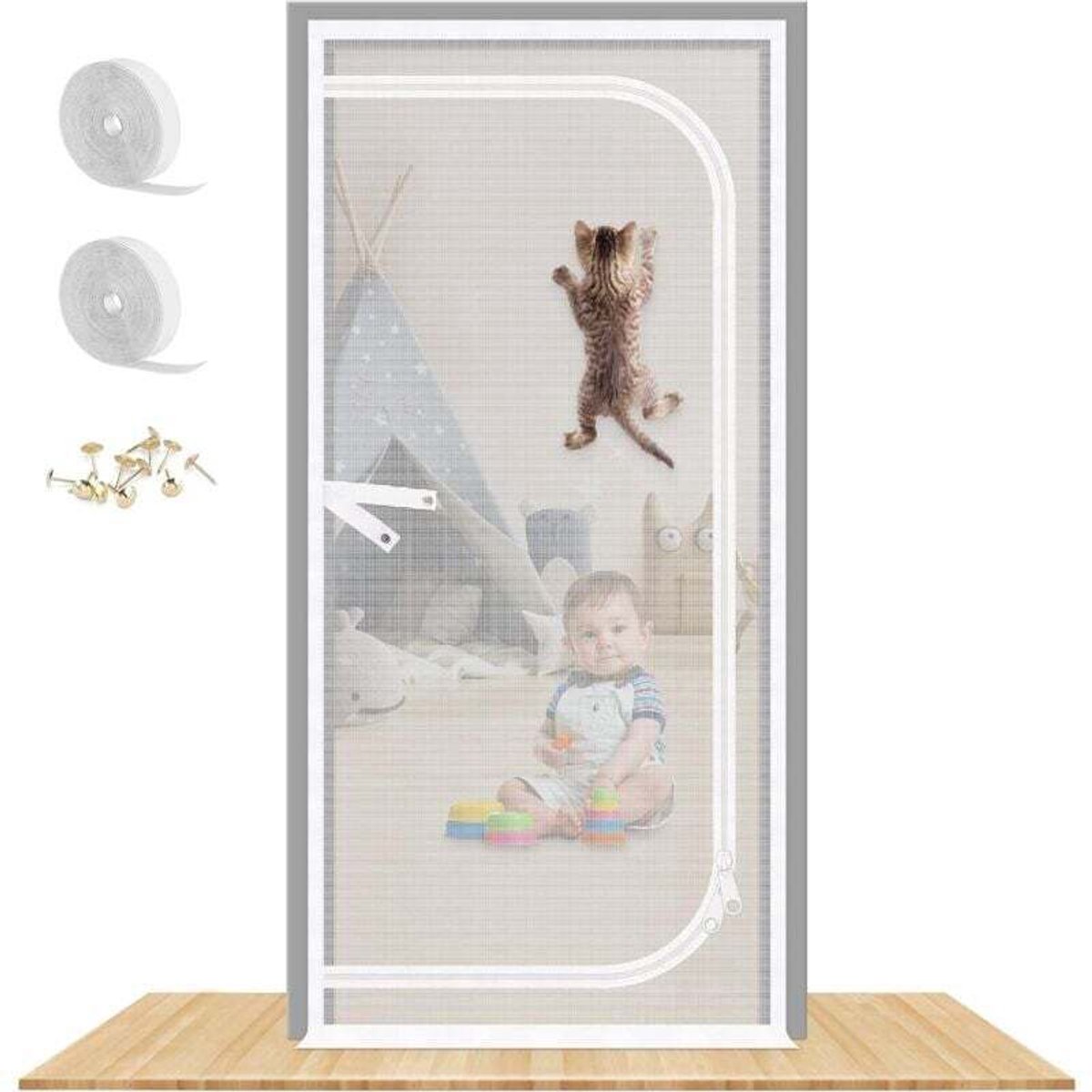 Verstevigde kattendeur geschikt voor hor, 90x210 cm, robuuste, huisdierbestendige hor geschikt voor tweewegritssluiting, geschikt voorkomt dat katten en honden uit huis, slaapkamer, woonkamer, keuken en terras ontsnappen.