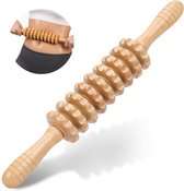Houten massageroller met 10 knoppen, met een klein ingevoegd beeld van een vrouw die het op haar buik gebruikt.