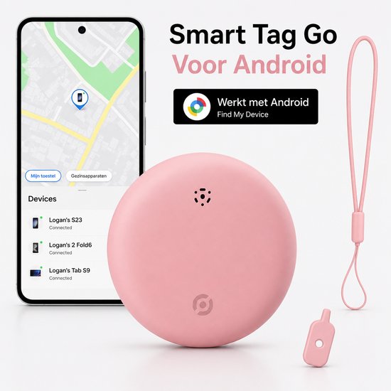 Lichtroze Smart Tag Go met een smartphone die een kaart toont. De tag heeft een roze koordje en een kleine roze adapter.
