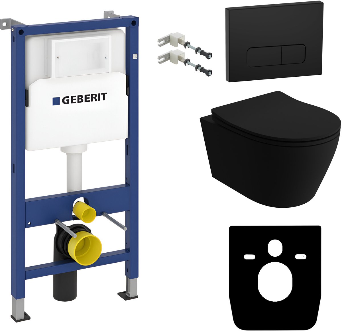 Geberit Duofix Basic Toiletset - Wandcloset PRAIA BLACK - Mat Zwart - Randloos - Bedieningsplaat Delta Zwart