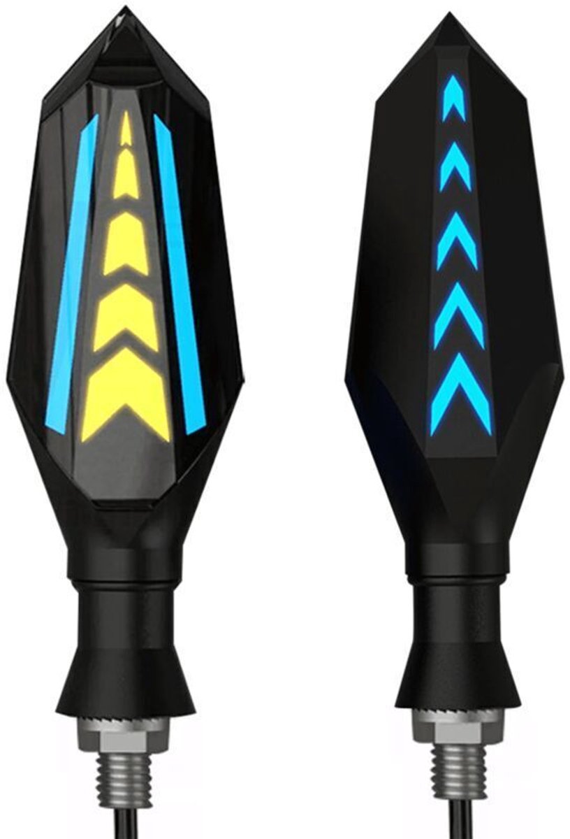 LED-knipperlichten voor motorfietsen, 2 stuks, 12V waterdicht, geschikt voor motorfietsen, dubbelzijdig, amber + blauw, geschikt voor motorfietsen, scooters, quads, cruisers en terreinwagens.