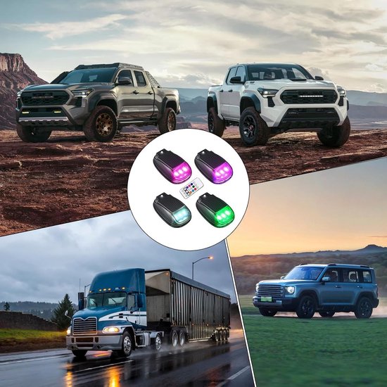 Vier solar stroboscooplampen in paars, groen, wit en blauw, met afstandsbediening, naast pick-up trucks.