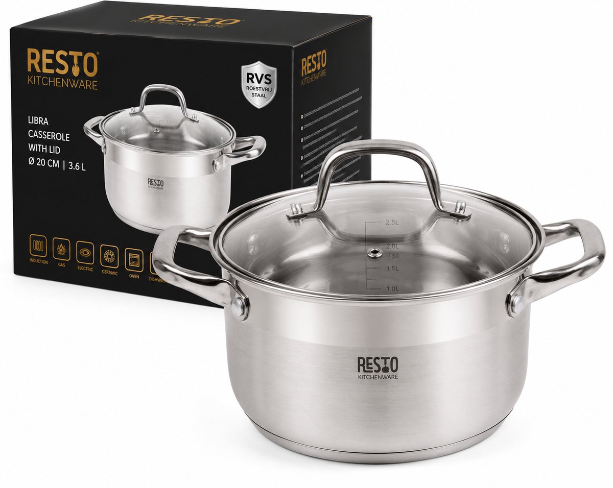 RESTO 92003 Libra Kookpan - 3.6 Liter - Rond Ø20 cm - Roestvrijstaal - Inductie - Braadpan met Glazen Deksel