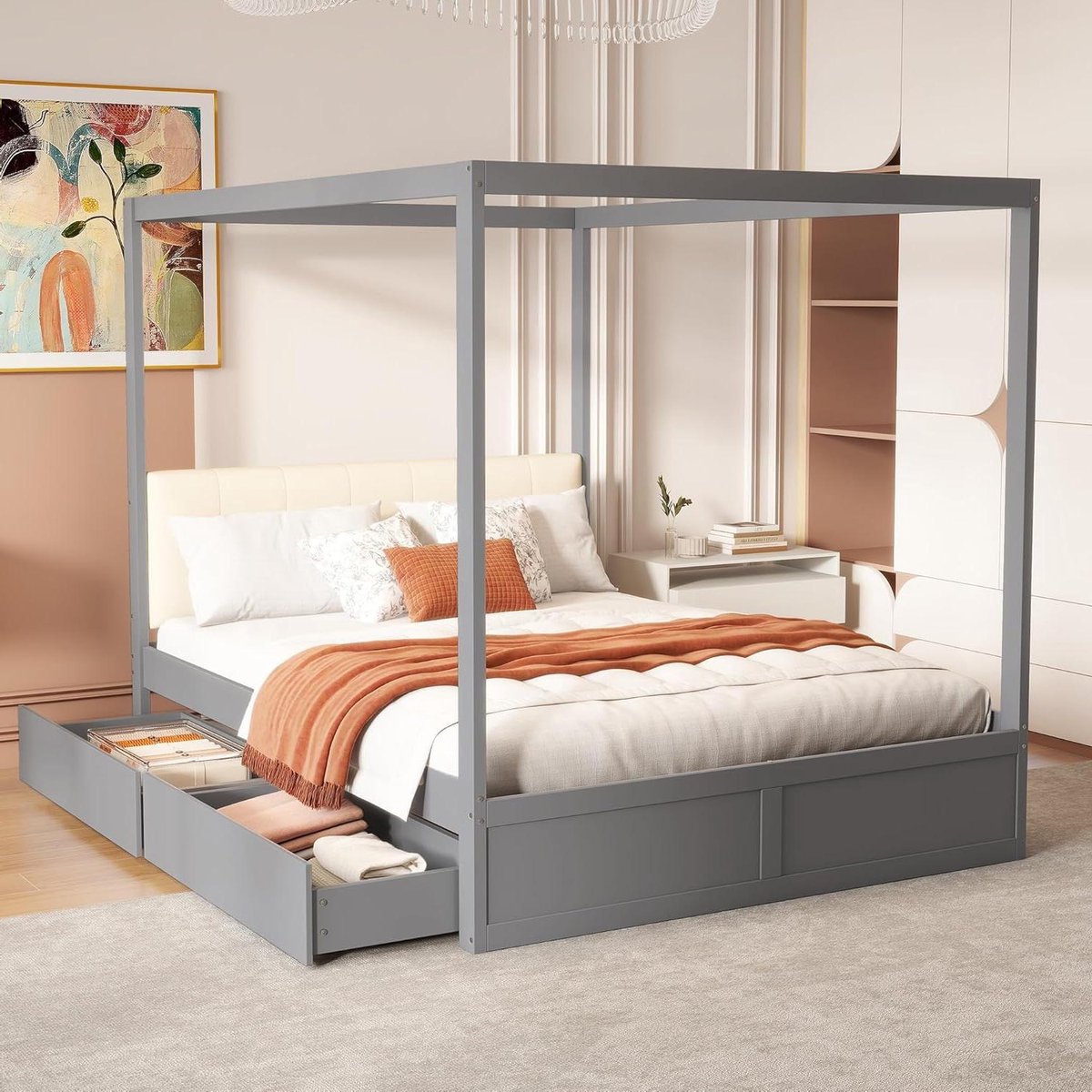 Tentbed met Laden - Kinderbed Hout - Spelen en Slapen - Gewatteerde Rugleuning - 140x200 cm - Grijs