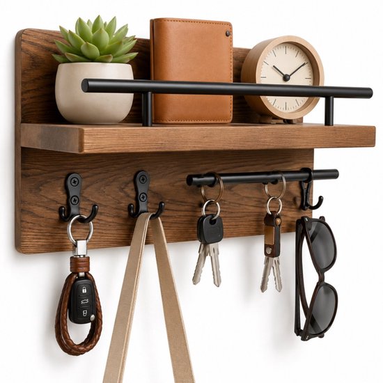 BOTC Sleutelrekje - Sleutelrek met postvak - 32x18cm - Sleutelhouder 7-Haaks met Legplank en Hangrail - Hout - Wandhaken - Zwart