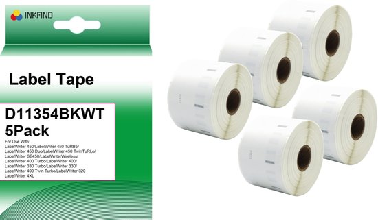 Verpakking van 5 rollen witte, blanco etiketten van INKFIND, type D11354BKWT.