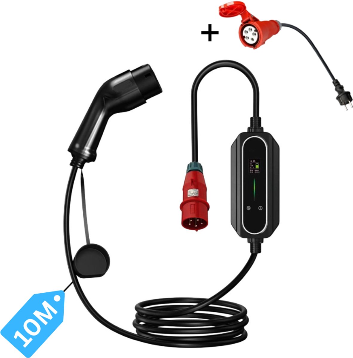 Mobiele thuislader 22 kW - 10 Meter met 32A verloopstekker naar schuko stopcontact | 32A - 3-Fase | 380v krachtstroom lader | Mobiele Thuislader (CEE stekker rood)