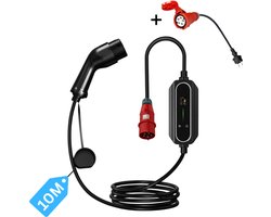 Mobiele thuislader 22 kW - 10 Meter met 32A verloopstekker naar schuko stopcontact | 32A - 3-Fase | 380v krachtstroom lader | Mobiele Thuislader (CEE stekker rood)