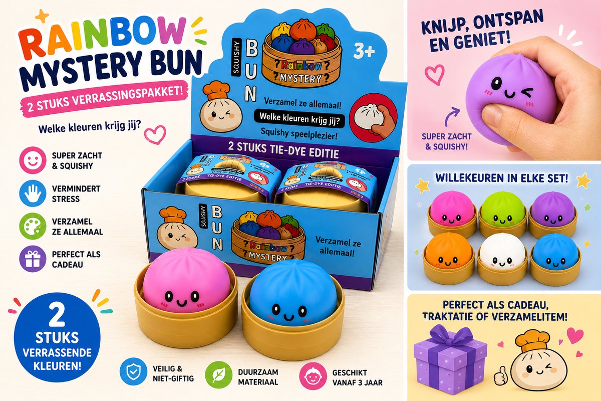 Dumpling Squishy Mystery Bun – Set van 2 Stuks – Kawaii Squishy Speelgoed – Stressbal & Fidget Toy – Verrassingskleuren voor Kinderen