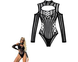 Zwarte kanten bodysuit met open rugontwerp, elegant voor feesten en rave-outfits, veelzijdig topje voor onder kleding en casual looks