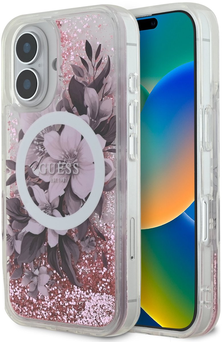 Guess GUHMP16SLFMWTP iPhone 16 6.1" roze/roze hardcase Liquid Glitter Flower MagSafe