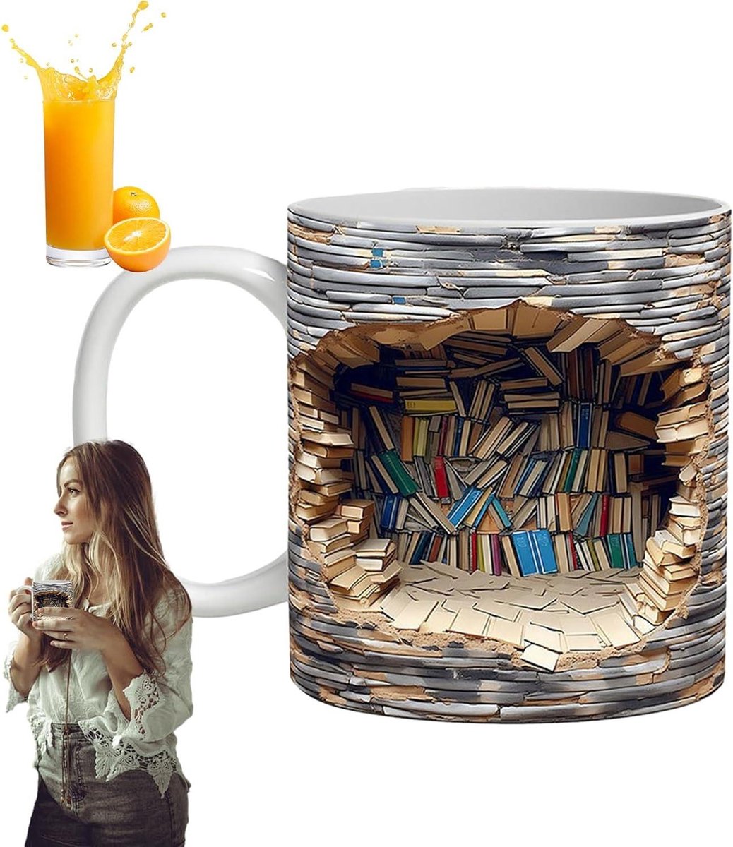 Boeken Mok - Lezers Beker - Drinken Thuis - Uniek Boekenplank Design - 350ml Capaciteit - Wit