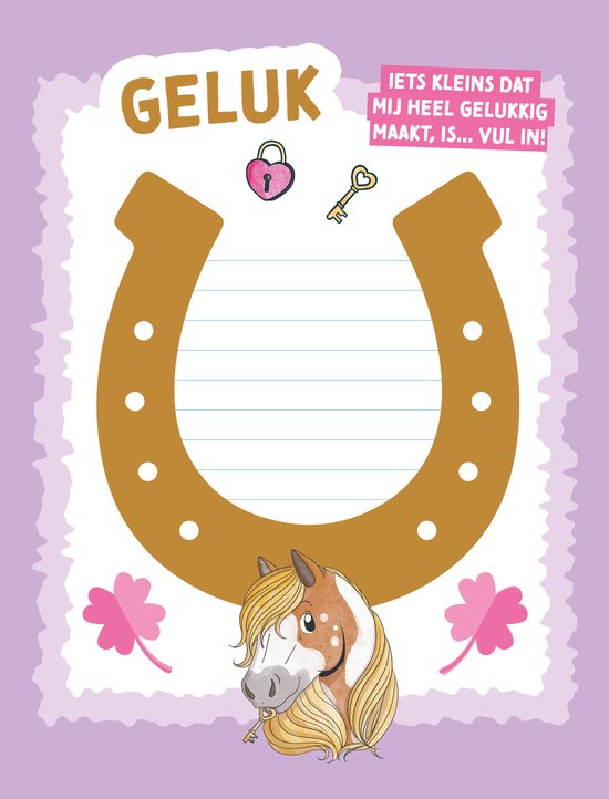 Paardenhoefijzer met paardenhoofd, klavertjes en de tekst 'GELUK IETS KLEINS DAT MIJ HEEL GELUKKIG MAAKT, IS... VUL IN!'.