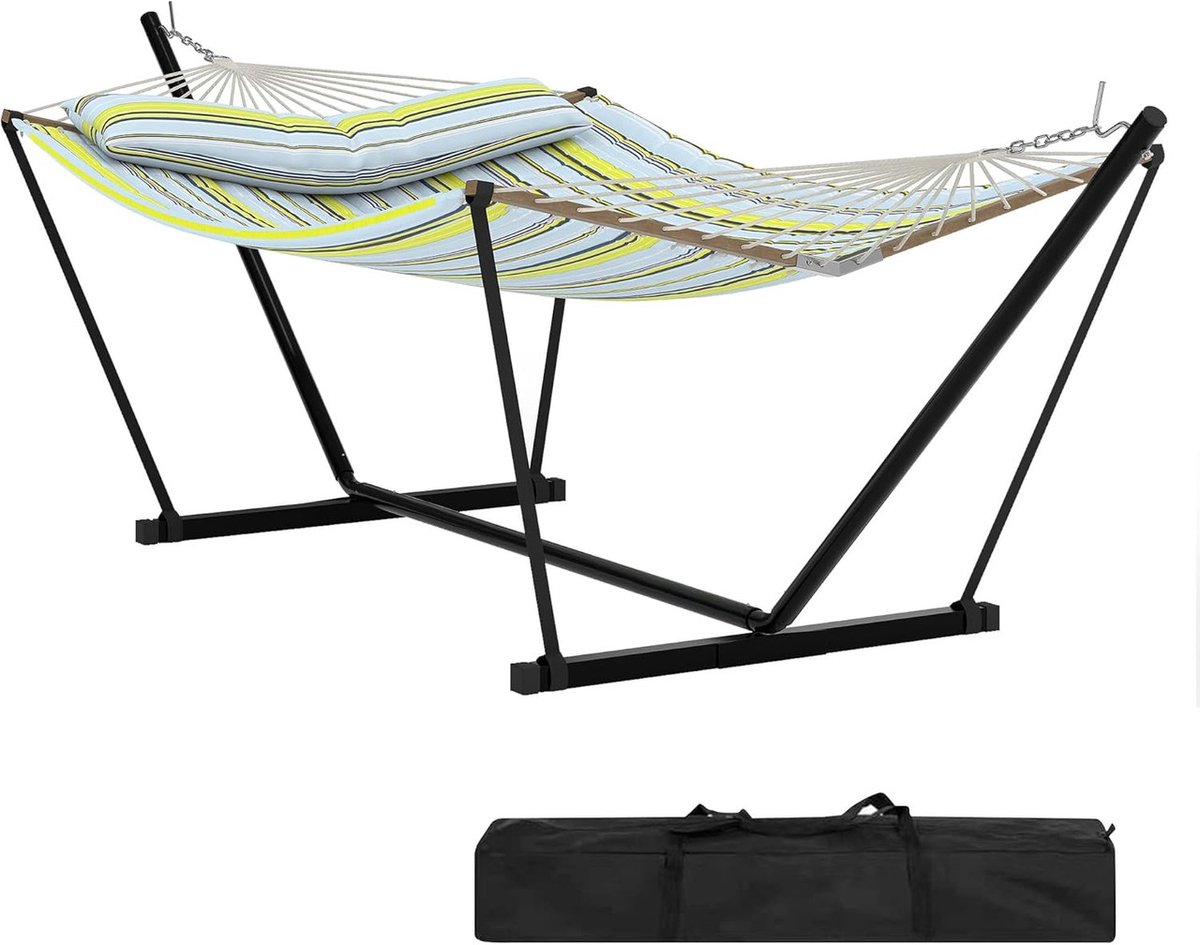 2-Persoons Hangmat met Standaard - Dubbele Hangmat met Stevig Stalen Frame - Max. 205 kg - Voor Binnen & Buiten - 365 x 140 cm - Blauw/Groen