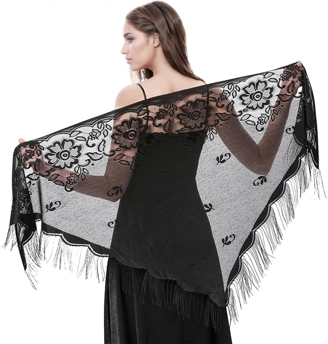 Driehoekige Sjaal - Kanten Sjaal - Feestelijke Outfit - Lange Franjes - > 175 cm - Zwart