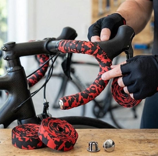 Zwart rode stuurlinten wielrennen unisex antislip stuur tape camouflage patroon voor racefiets inclusief bar ends fiets stuur lint — afbeelding 4