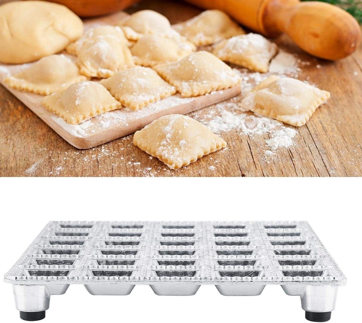 Ravioli Knoedel Schimmel - Bakvorm Maker - Thuis Koken - Maakt 30 Stuks - 19.6 cm - Zilver