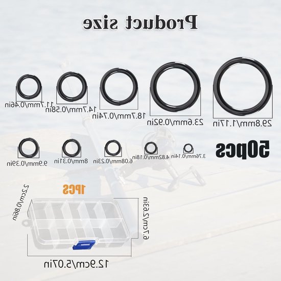 50 Stuks Keramische Gidsringen voor Vissers, 10 Maten van 3.8mm tot 29.8mm, Inclusief Transparante Opbergdoos voor Visspullen en Accessoires — afbeelding 5